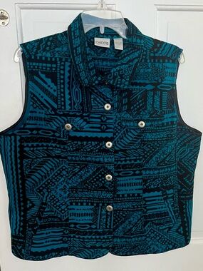Chico’s size 2 equivalent to L teal black geometric print vest